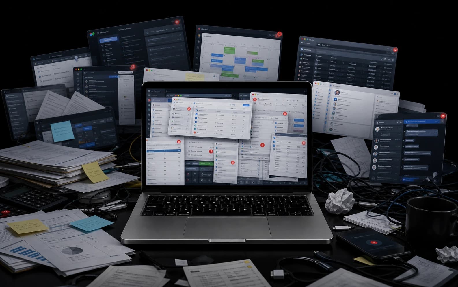 A business computer buried under overlapping email, calendar, invoice, spreadsheet, customer, and notification windows